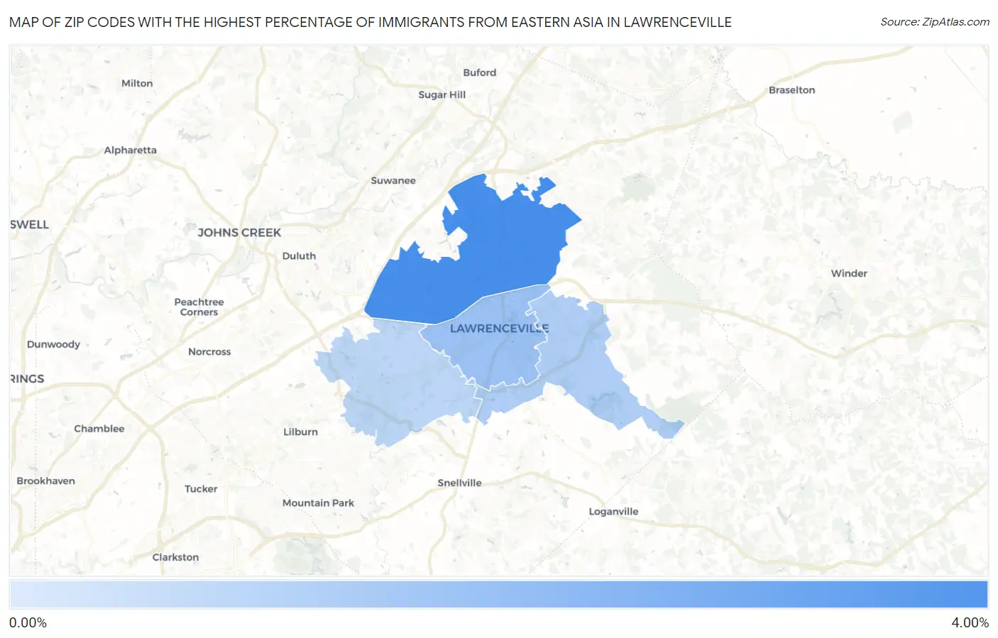 Zip Codes with the Highest Percentage of Immigrants from Eastern Asia in Lawrenceville Map