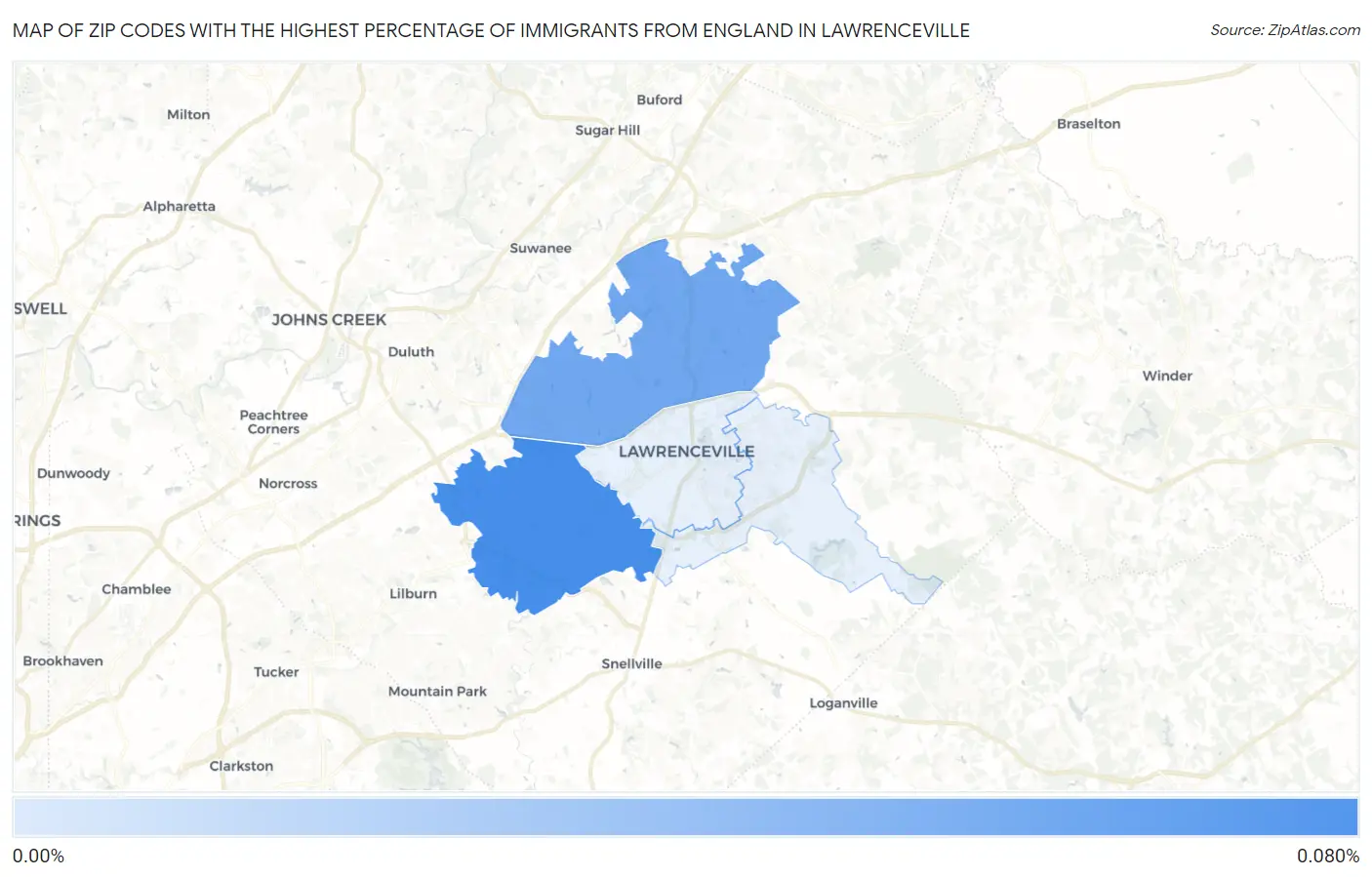 Zip Codes with the Highest Percentage of Immigrants from England in Lawrenceville Map