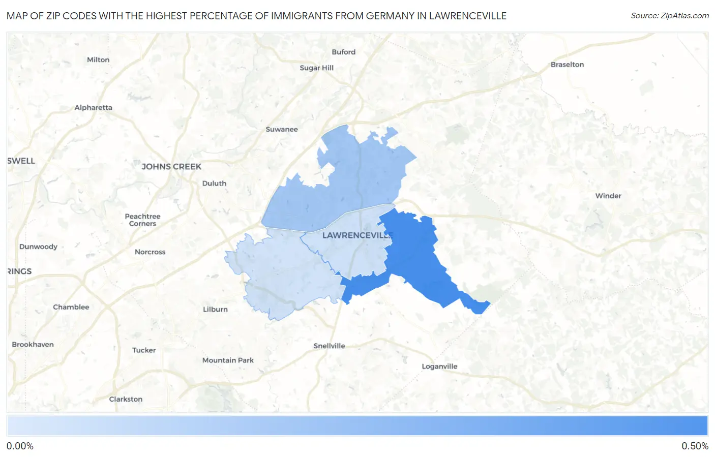 Zip Codes with the Highest Percentage of Immigrants from Germany in Lawrenceville Map