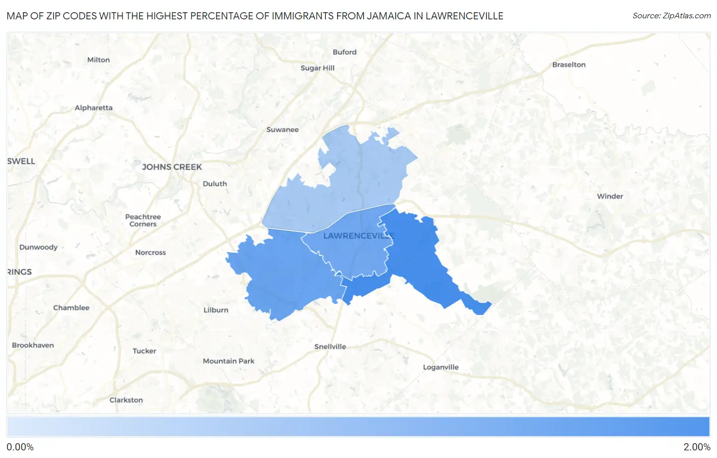 Zip Codes with the Highest Percentage of Immigrants from Jamaica in Lawrenceville Map