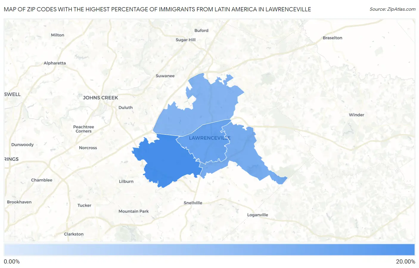 Zip Codes with the Highest Percentage of Immigrants from Latin America in Lawrenceville Map