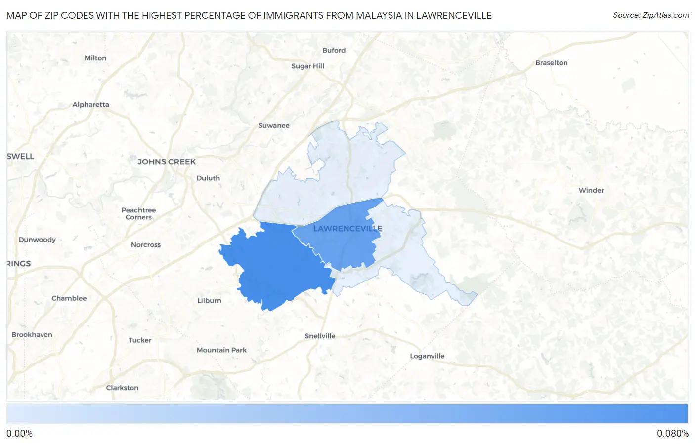 Zip Codes with the Highest Percentage of Immigrants from Malaysia in Lawrenceville Map