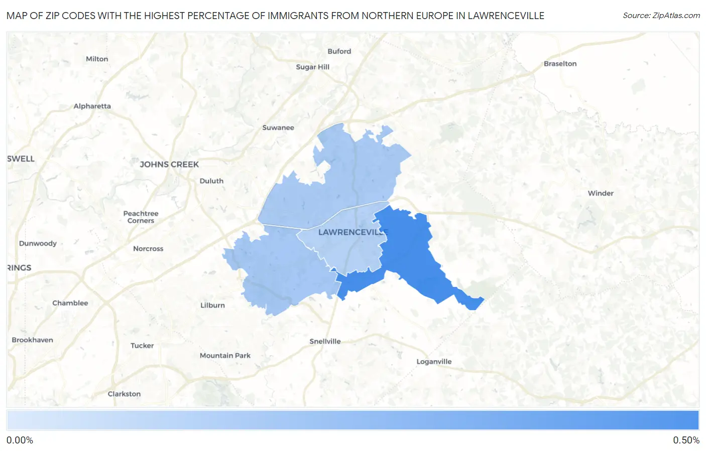 Zip Codes with the Highest Percentage of Immigrants from Northern Europe in Lawrenceville Map