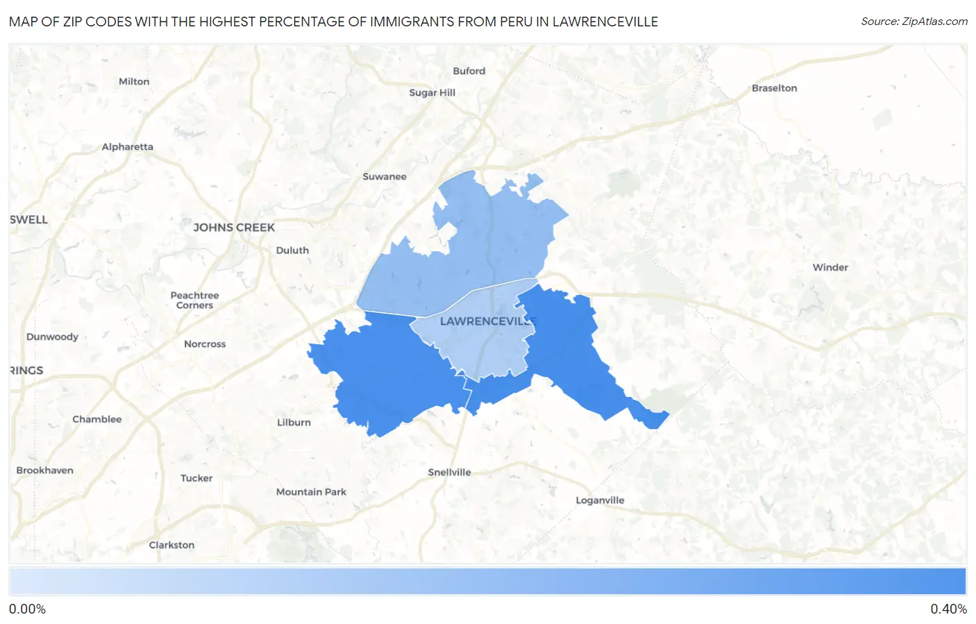 Zip Codes with the Highest Percentage of Immigrants from Peru in Lawrenceville Map