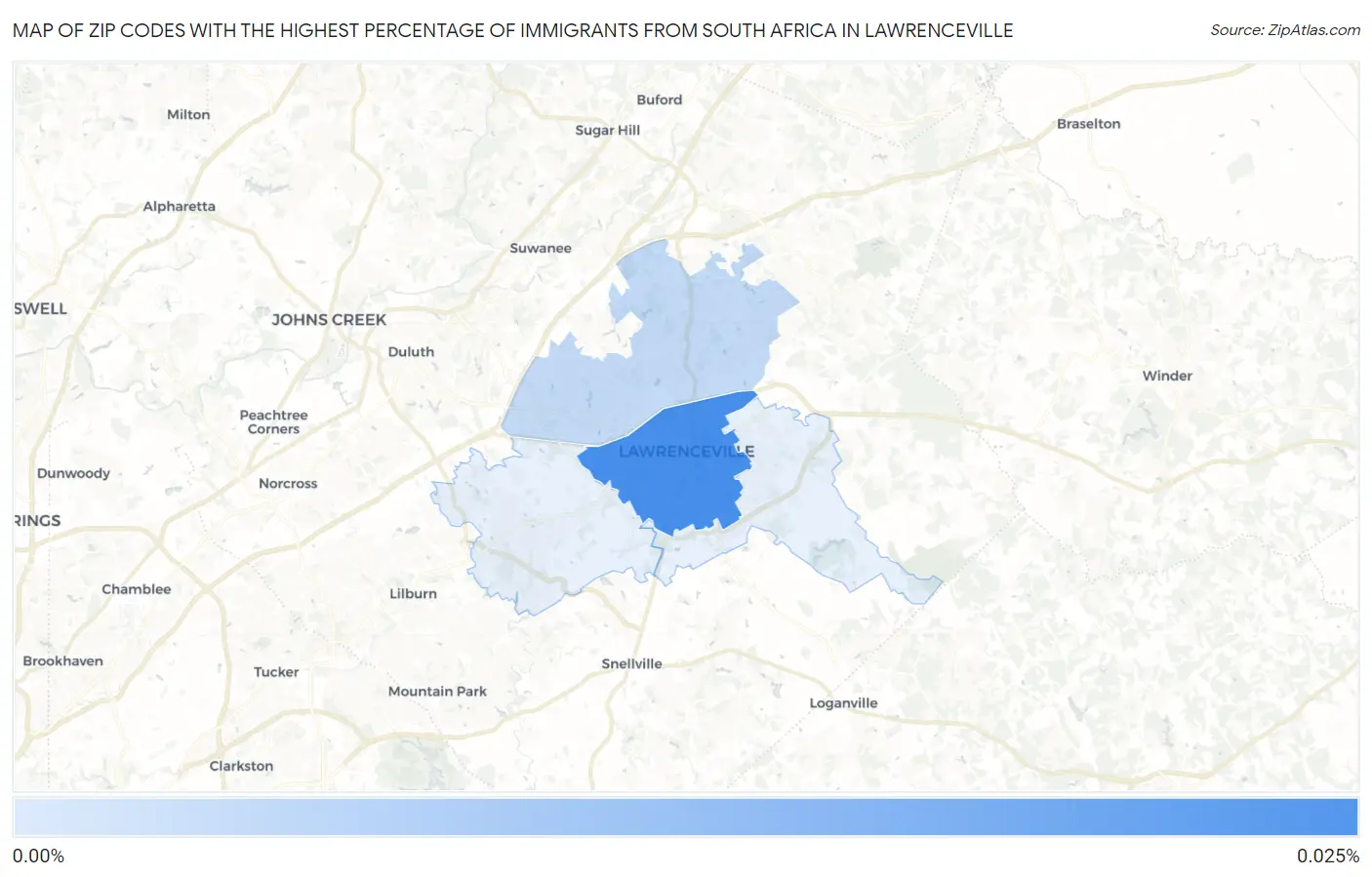 Zip Codes with the Highest Percentage of Immigrants from South Africa in Lawrenceville Map