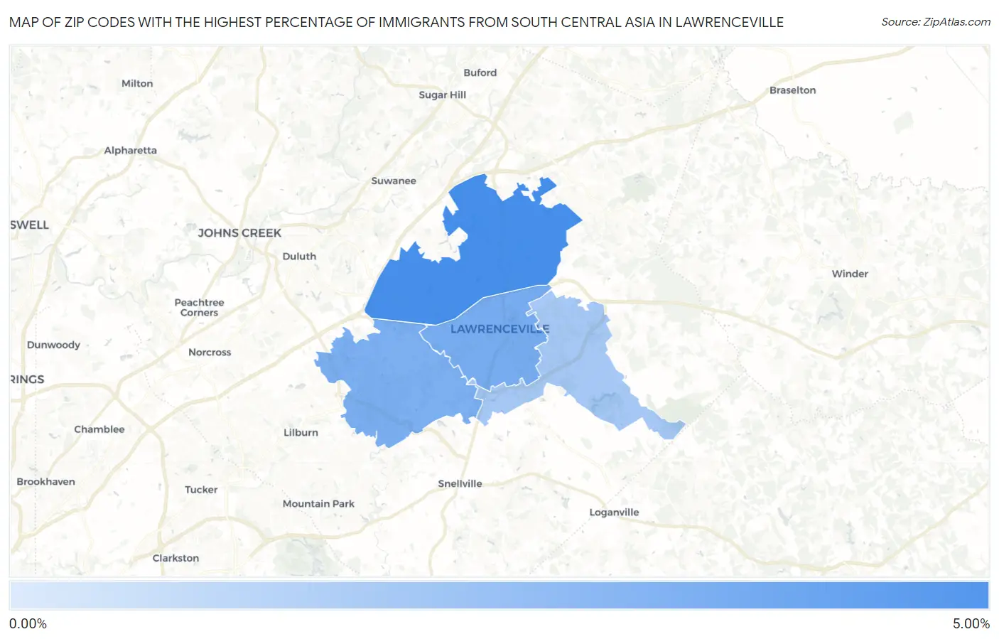 Zip Codes with the Highest Percentage of Immigrants from South Central Asia in Lawrenceville Map