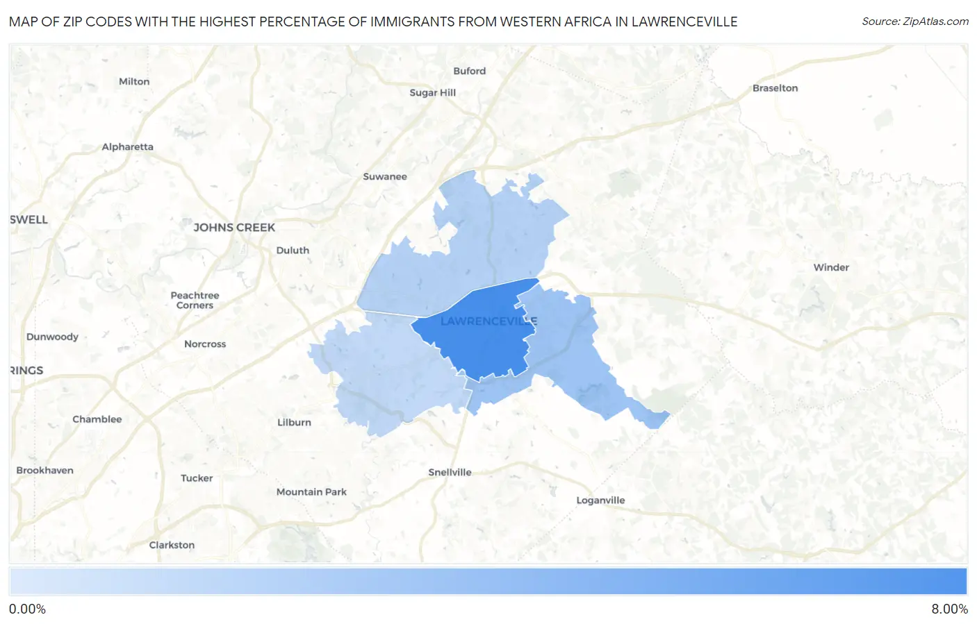 Zip Codes with the Highest Percentage of Immigrants from Western Africa in Lawrenceville Map