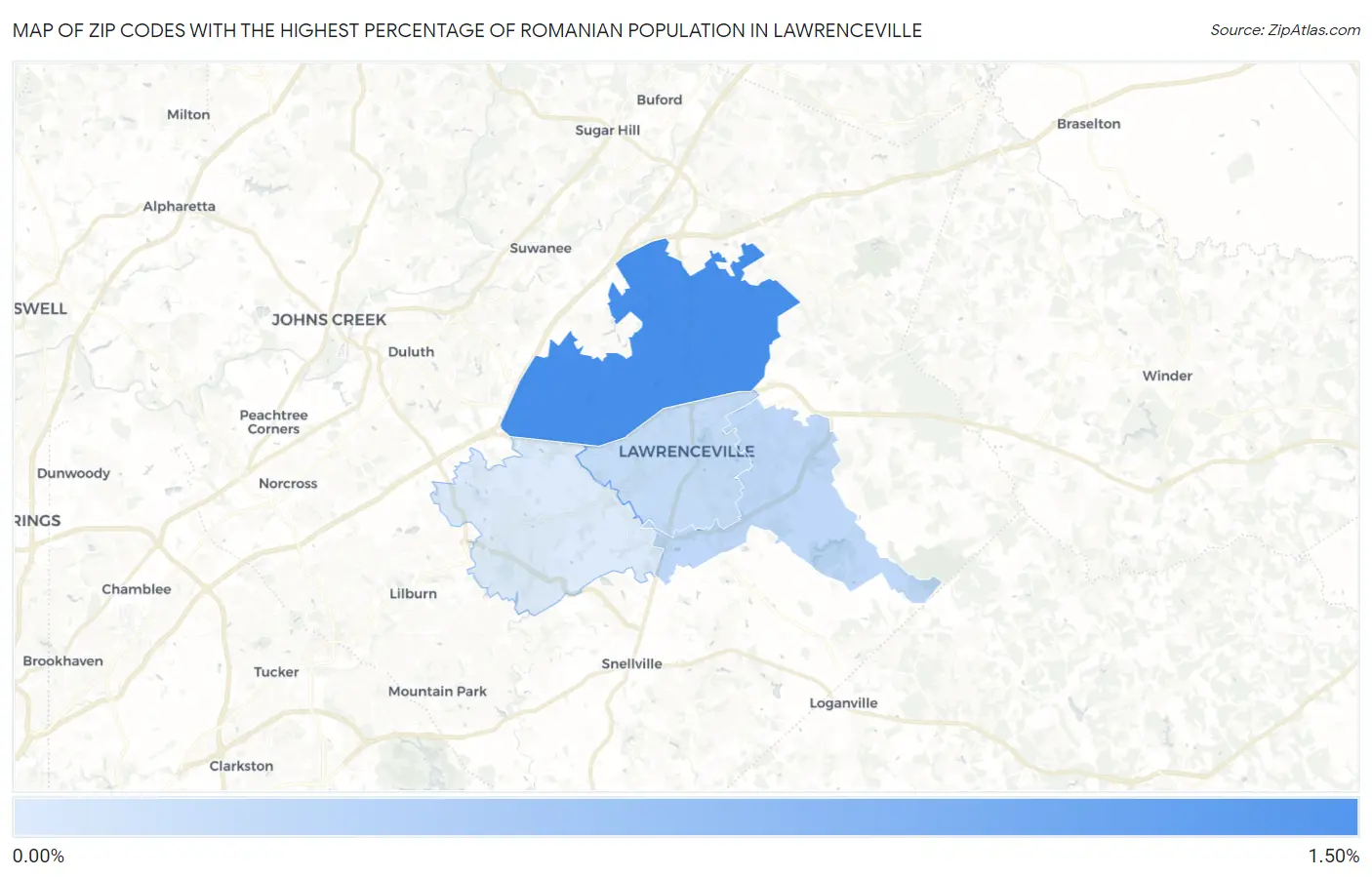 Zip Codes with the Highest Percentage of Romanian Population in Lawrenceville Map