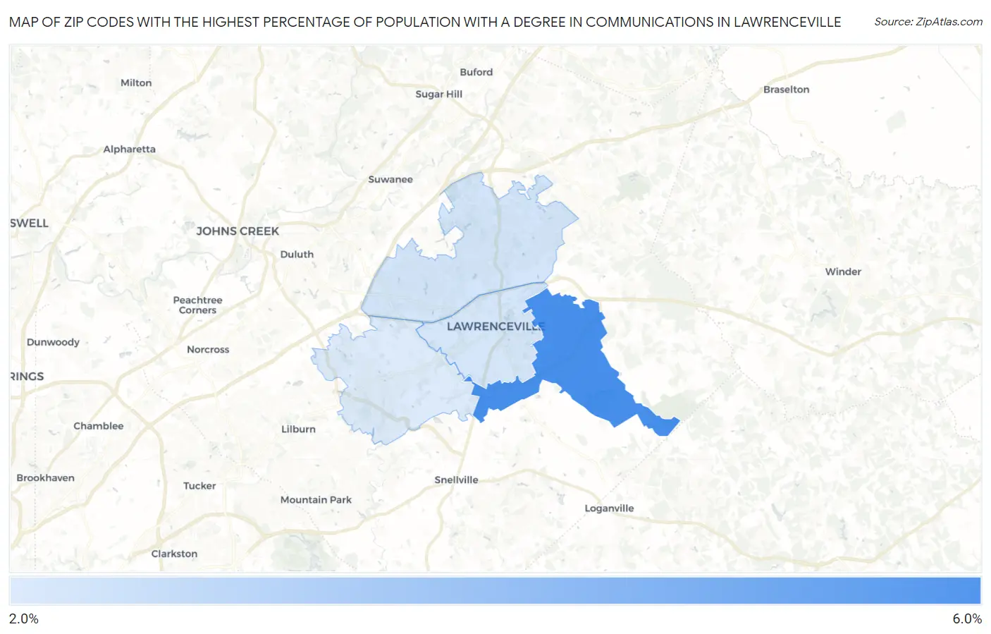 Zip Codes with the Highest Percentage of Population with a Degree in Communications in Lawrenceville Map