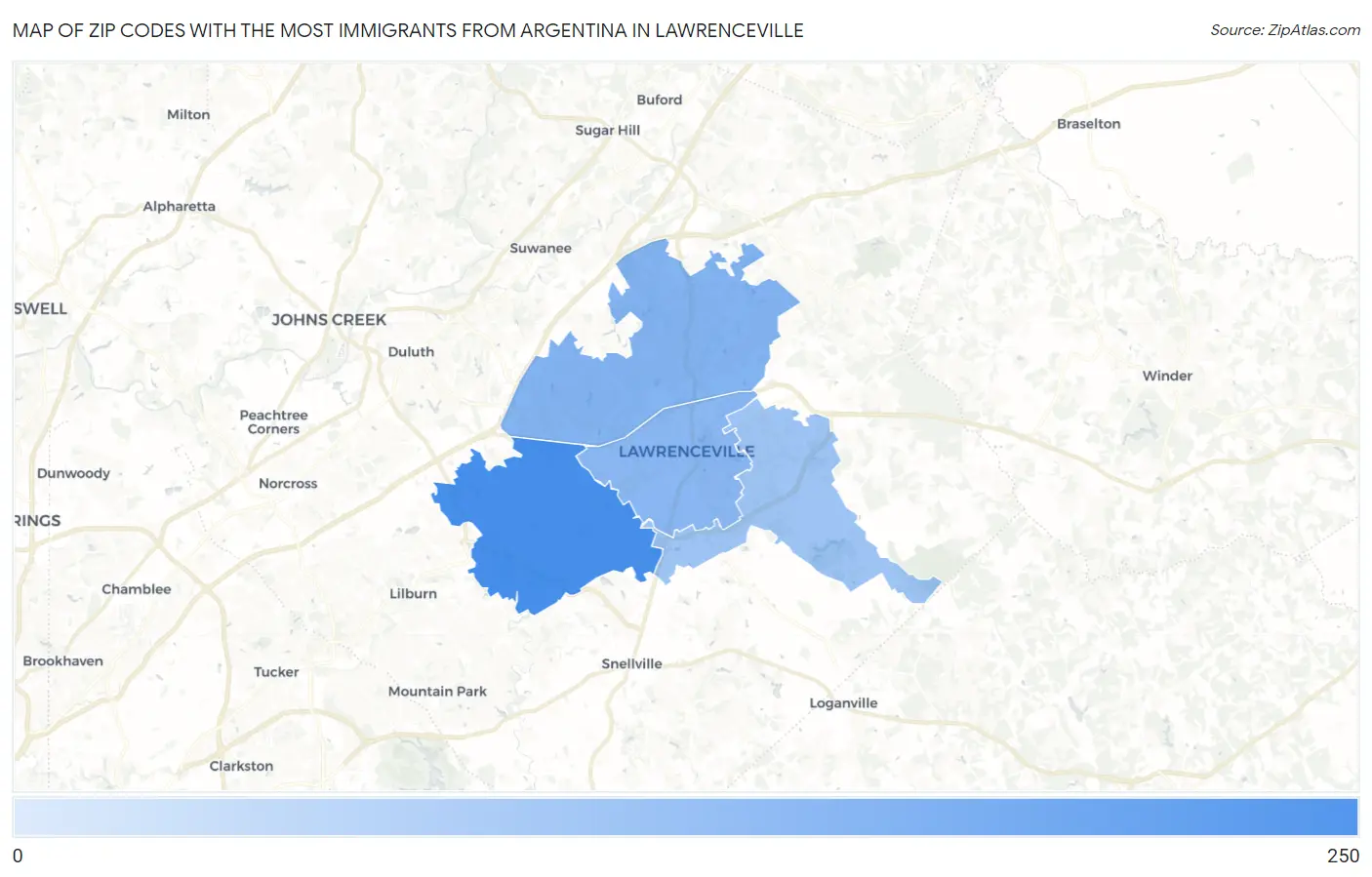 Zip Codes with the Most Immigrants from Argentina in Lawrenceville Map
