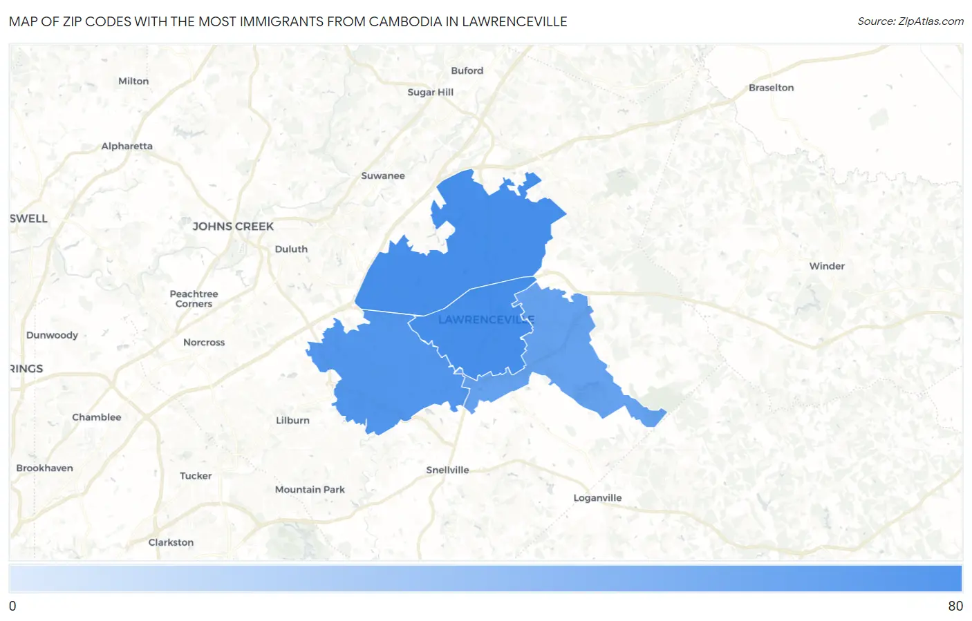 Zip Codes with the Most Immigrants from Cambodia in Lawrenceville Map