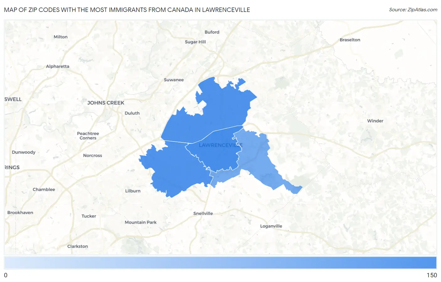 Zip Codes with the Most Immigrants from Canada in Lawrenceville Map
