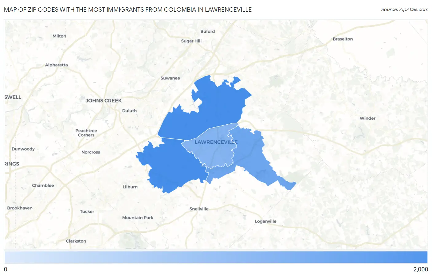 Zip Codes with the Most Immigrants from Colombia in Lawrenceville Map
