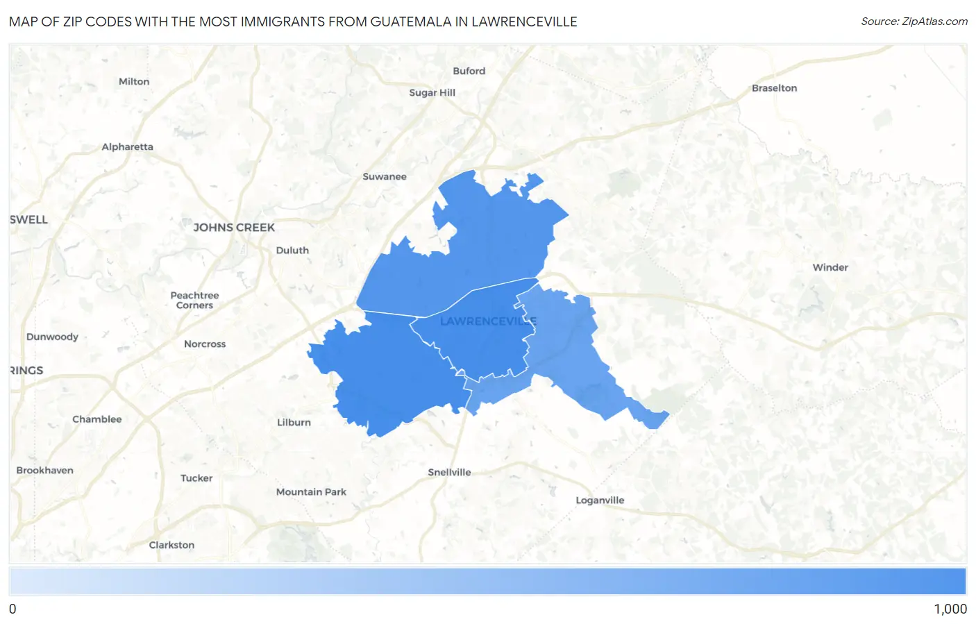 Zip Codes with the Most Immigrants from Guatemala in Lawrenceville Map