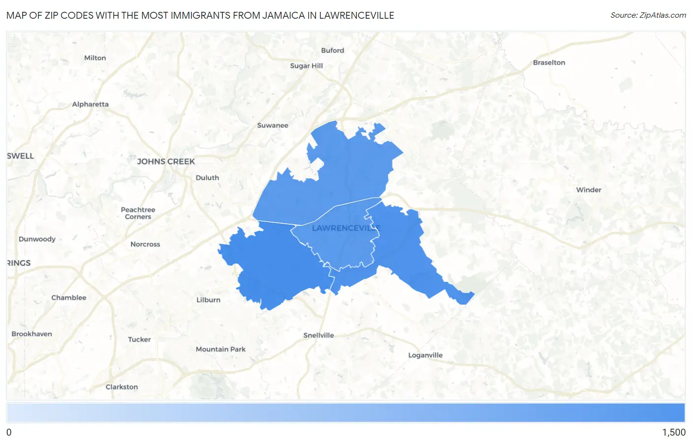 Zip Codes with the Most Immigrants from Jamaica in Lawrenceville Map