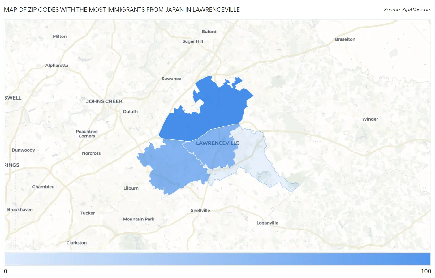 Zip Codes with the Most Immigrants from Japan in Lawrenceville Map