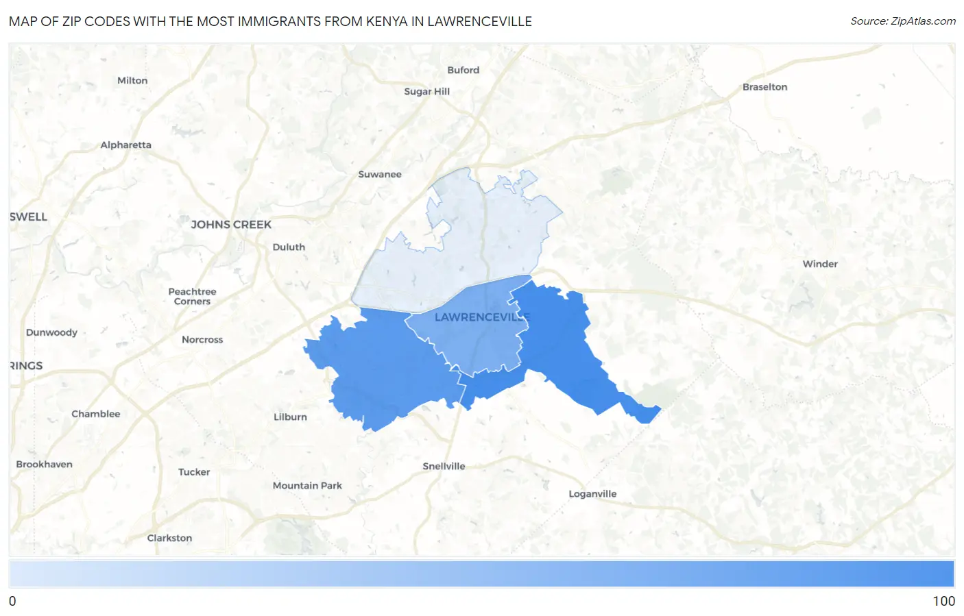 Zip Codes with the Most Immigrants from Kenya in Lawrenceville Map