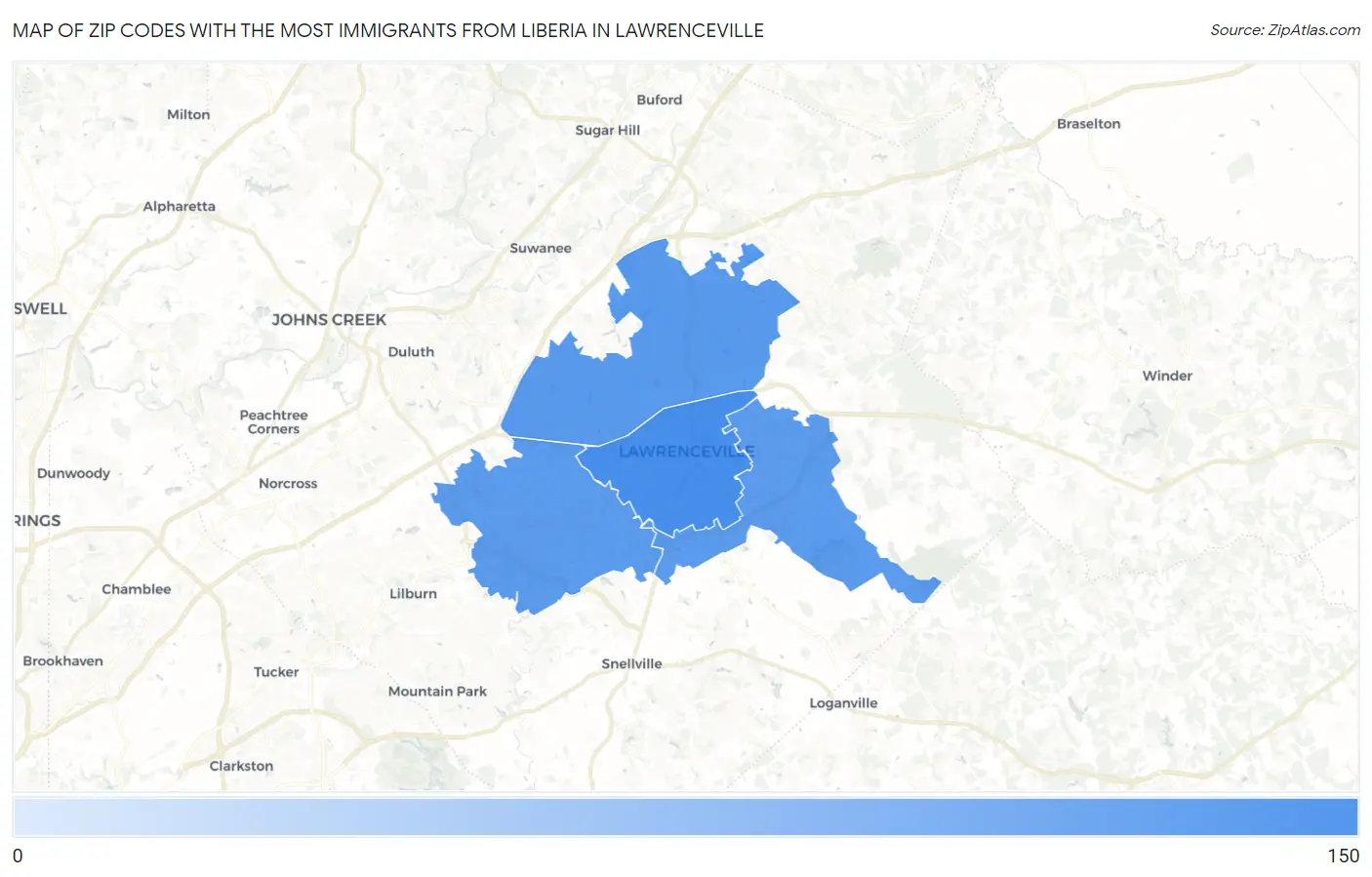 Zip Codes with the Most Immigrants from Liberia in Lawrenceville Map