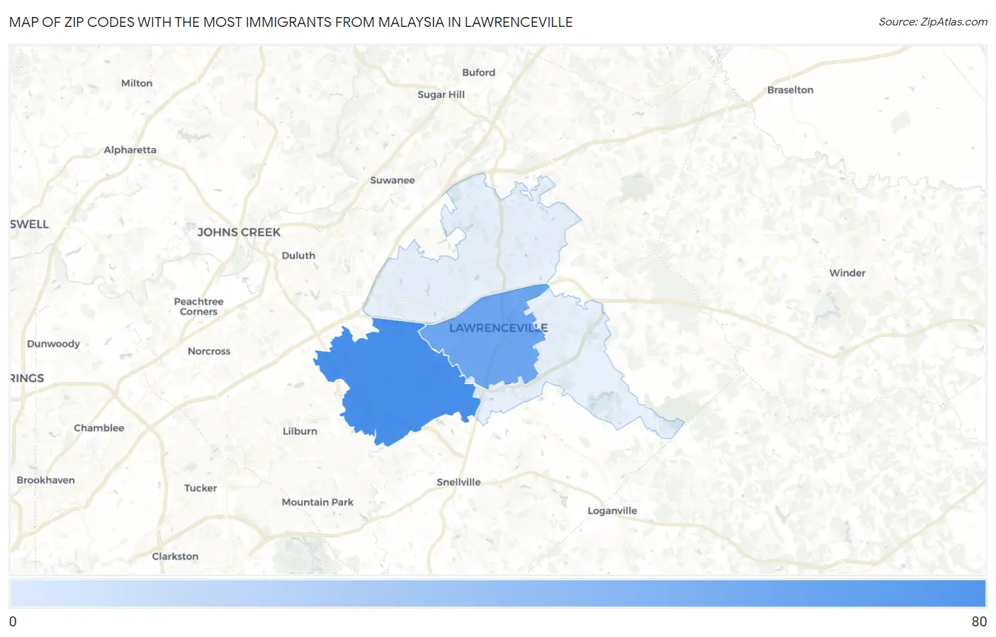 Zip Codes with the Most Immigrants from Malaysia in Lawrenceville Map