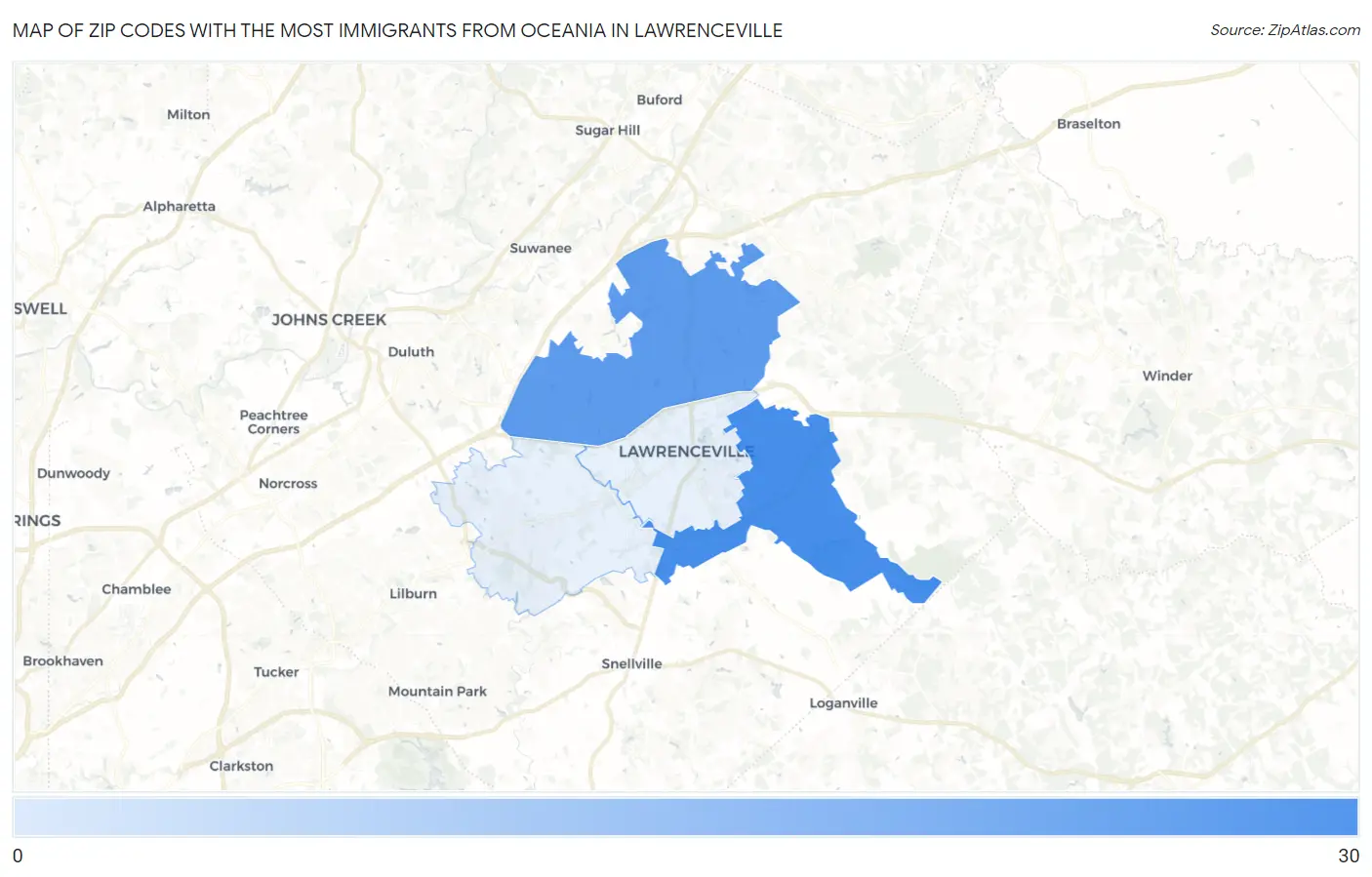 Zip Codes with the Most Immigrants from Oceania in Lawrenceville Map