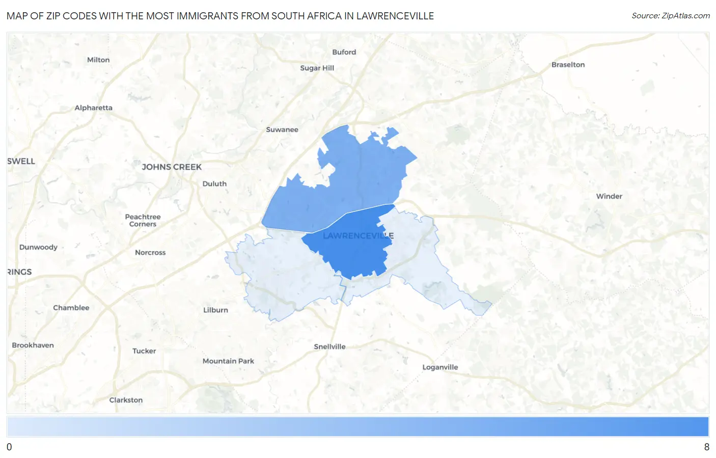 Zip Codes with the Most Immigrants from South Africa in Lawrenceville Map