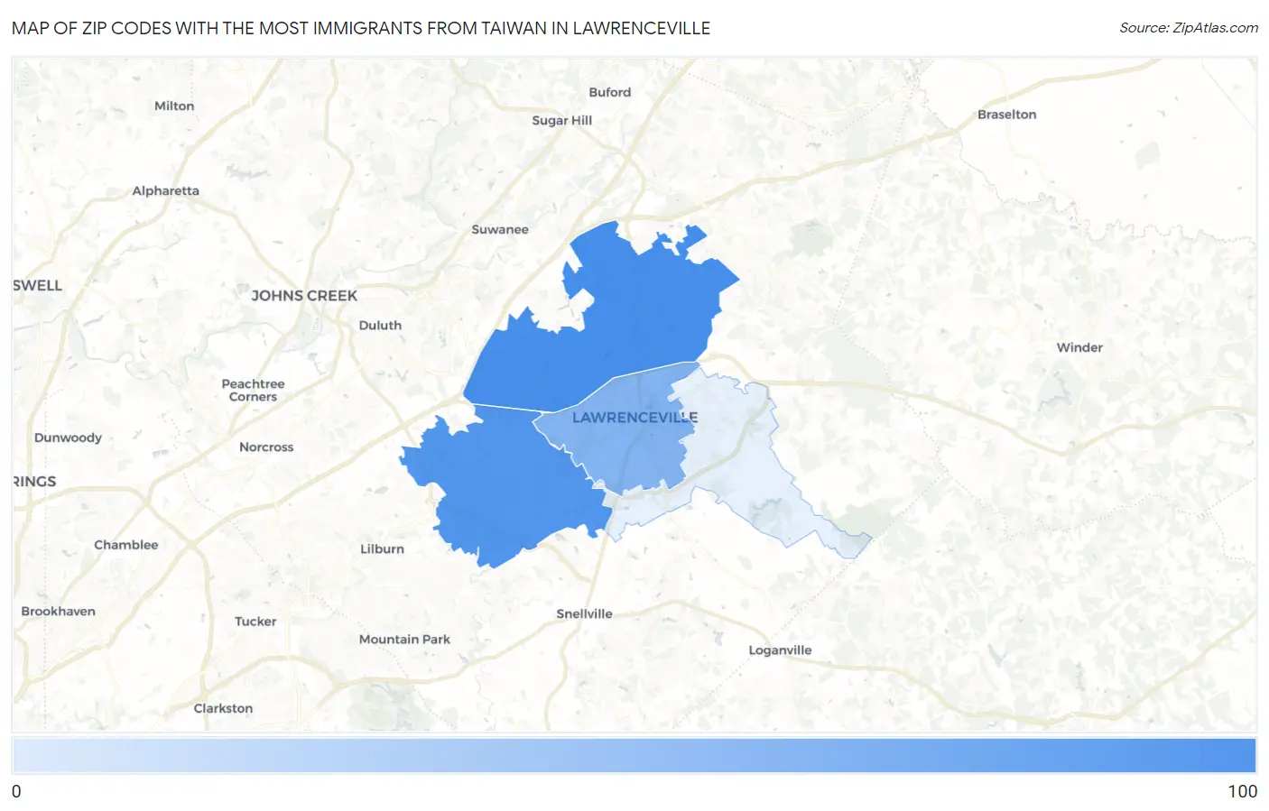 Zip Codes with the Most Immigrants from Taiwan in Lawrenceville Map