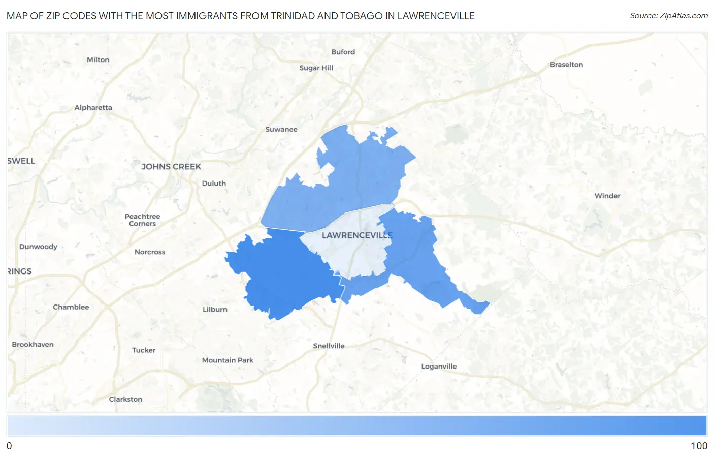 Zip Codes with the Most Immigrants from Trinidad and Tobago in Lawrenceville Map