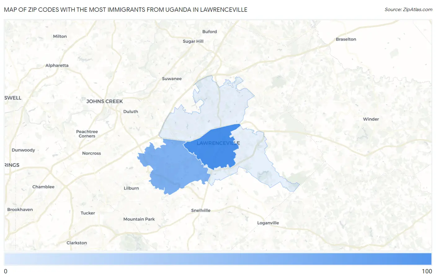 Zip Codes with the Most Immigrants from Uganda in Lawrenceville Map