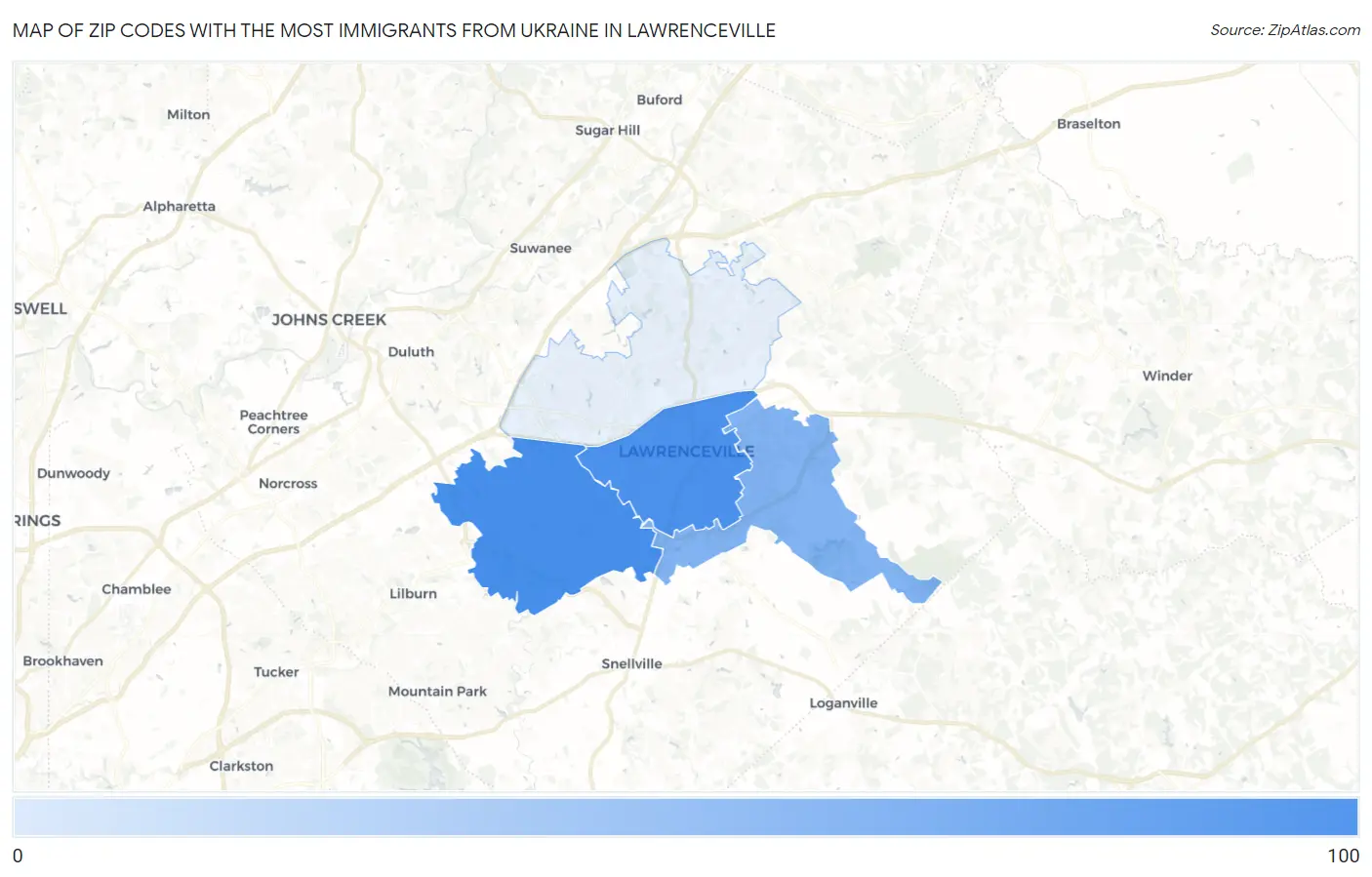 Zip Codes with the Most Immigrants from Ukraine in Lawrenceville Map