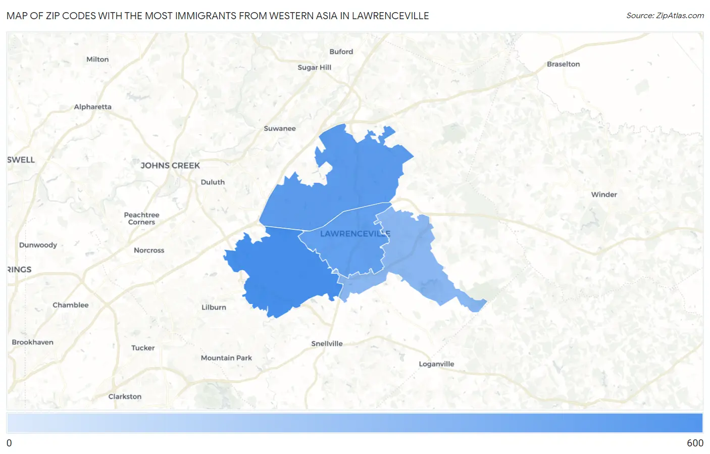 Zip Codes with the Most Immigrants from Western Asia in Lawrenceville Map