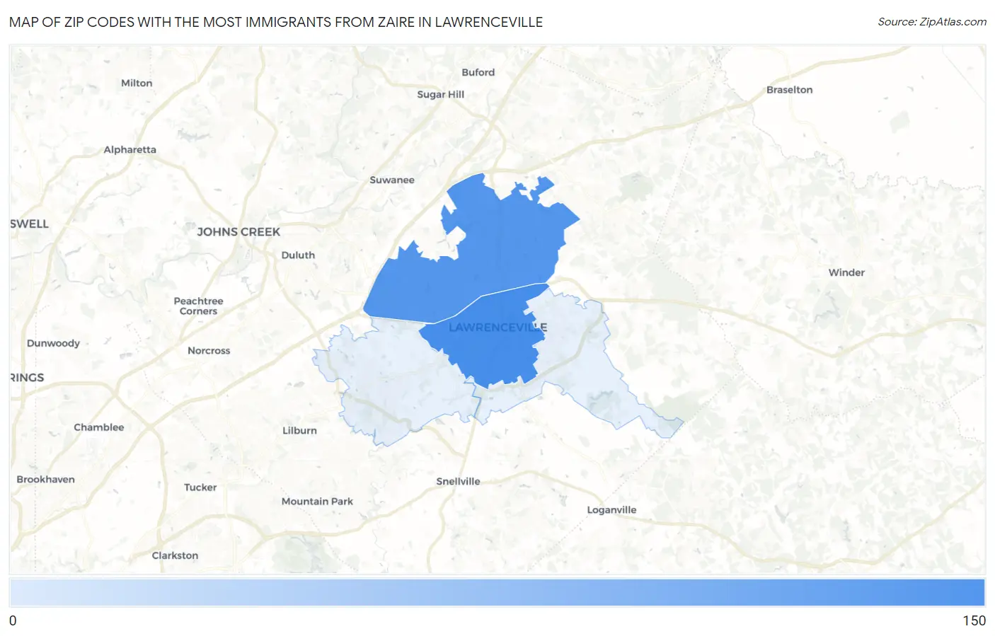 Zip Codes with the Most Immigrants from Zaire in Lawrenceville Map