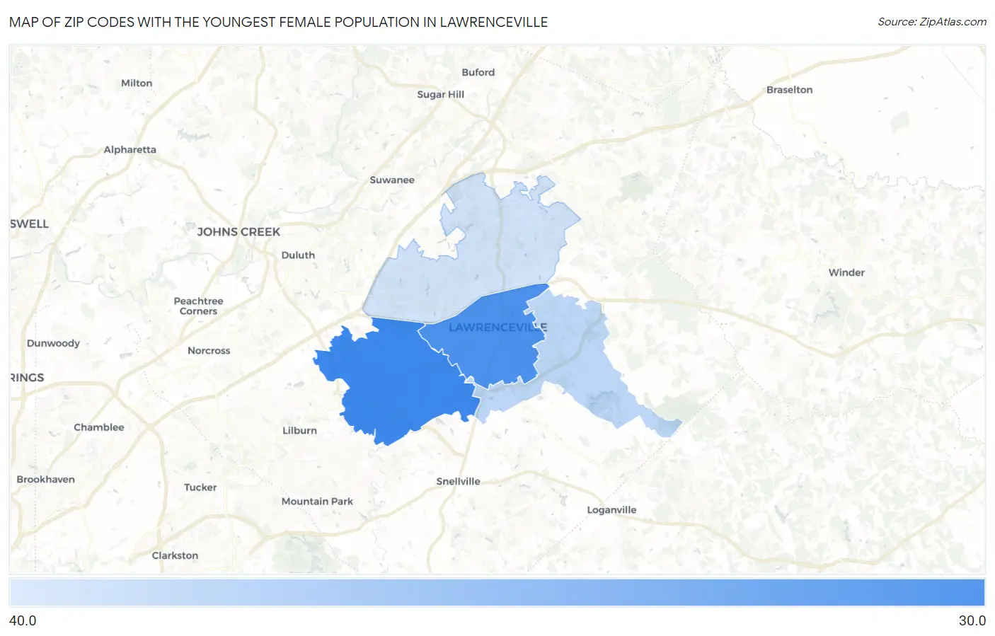 Zip Codes with the Youngest Female Population in Lawrenceville Map