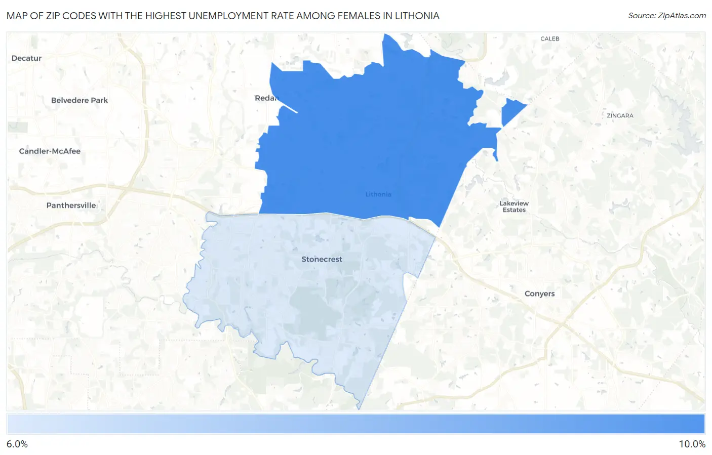 Zip Codes with the Highest Unemployment Rate Among Females in Lithonia Map