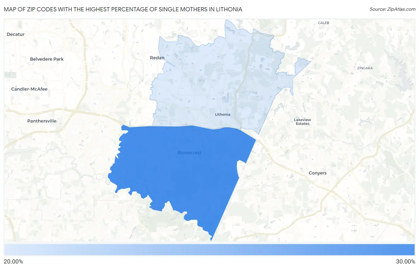 Zip Codes with the Highest Percentage of Single Mothers in Lithonia Map