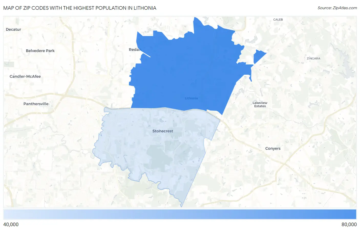 Zip Codes with the Highest Population in Lithonia Map