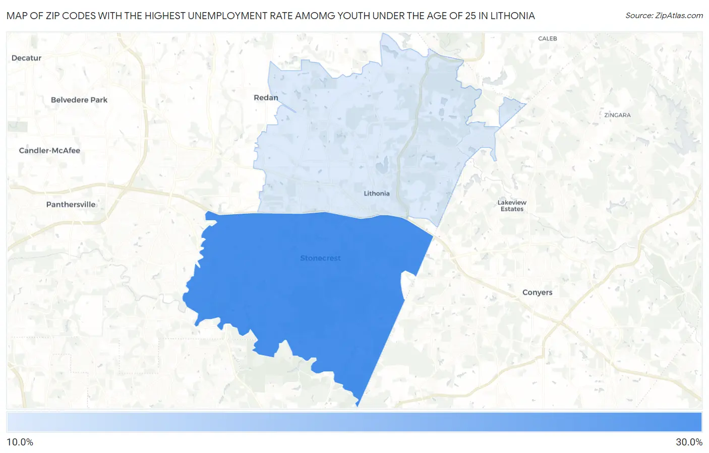 Zip Codes with the Highest Unemployment Rate Amomg Youth Under the Age of 25 in Lithonia Map