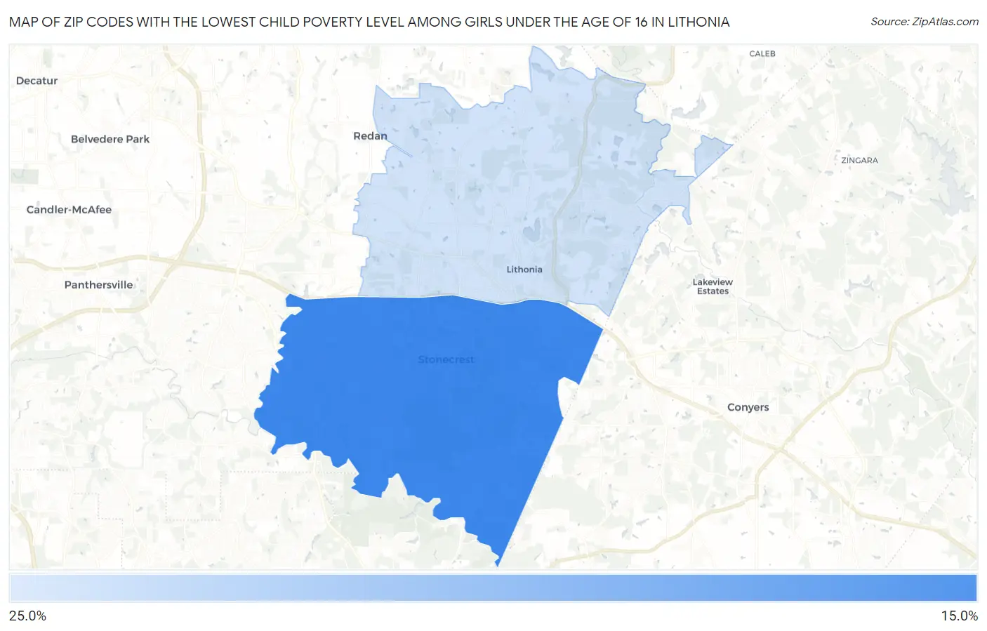 Zip Codes with the Lowest Child Poverty Level Among Girls Under the Age of 16 in Lithonia Map