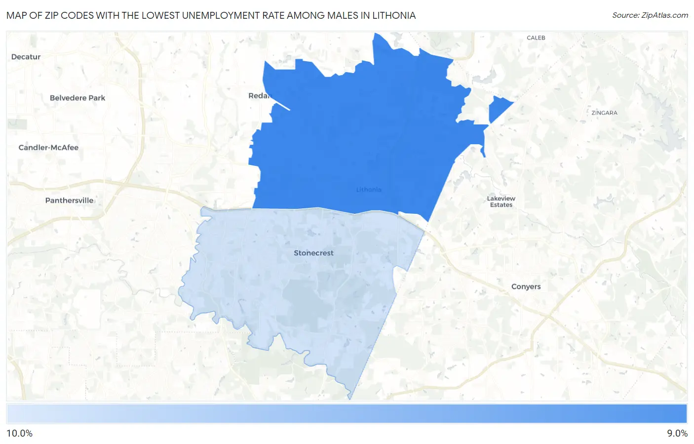 Zip Codes with the Lowest Unemployment Rate Among Males in Lithonia Map
