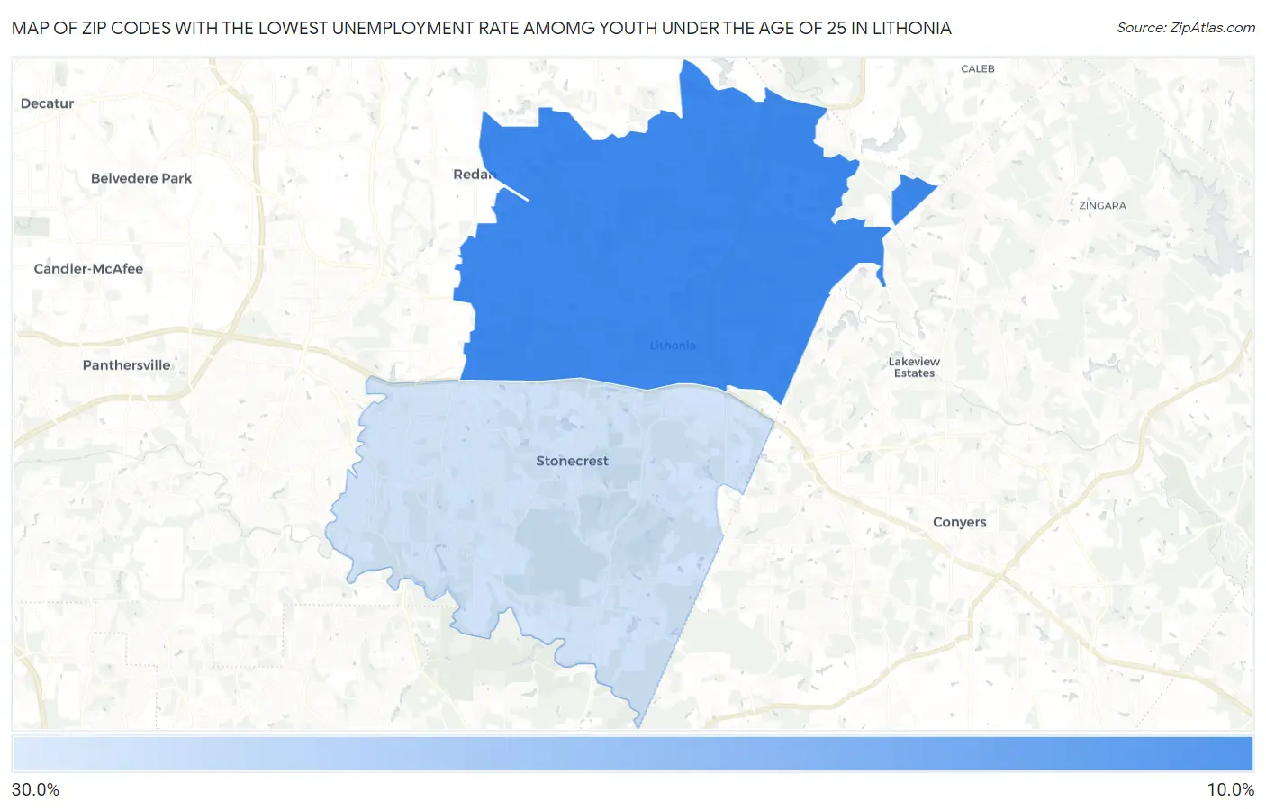 Zip Codes with the Lowest Unemployment Rate Amomg Youth Under the Age of 25 in Lithonia Map