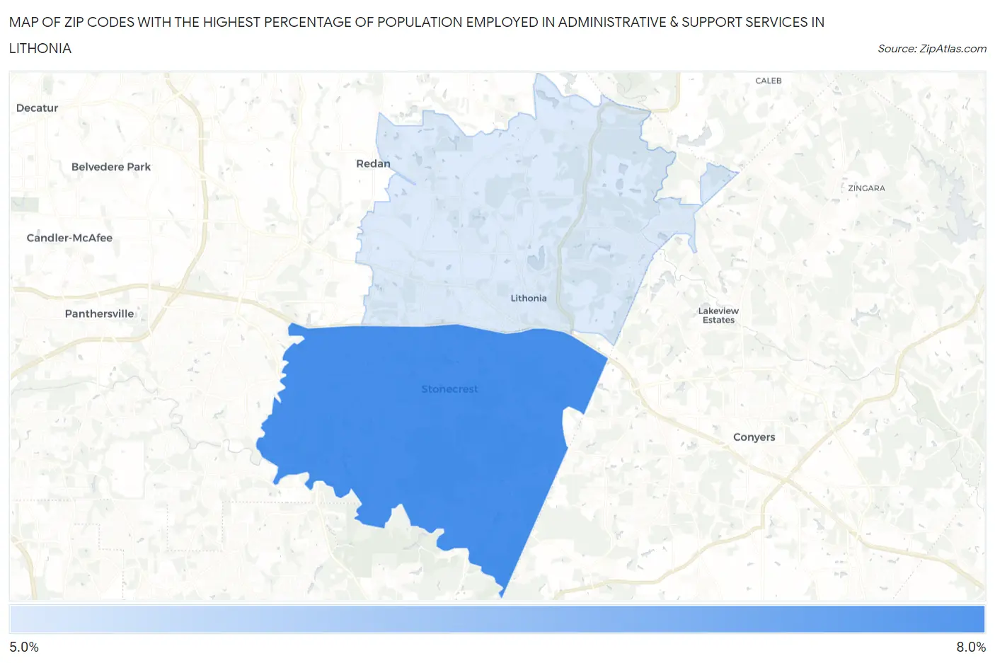 Zip Codes with the Highest Percentage of Population Employed in Administrative & Support Services in Lithonia Map