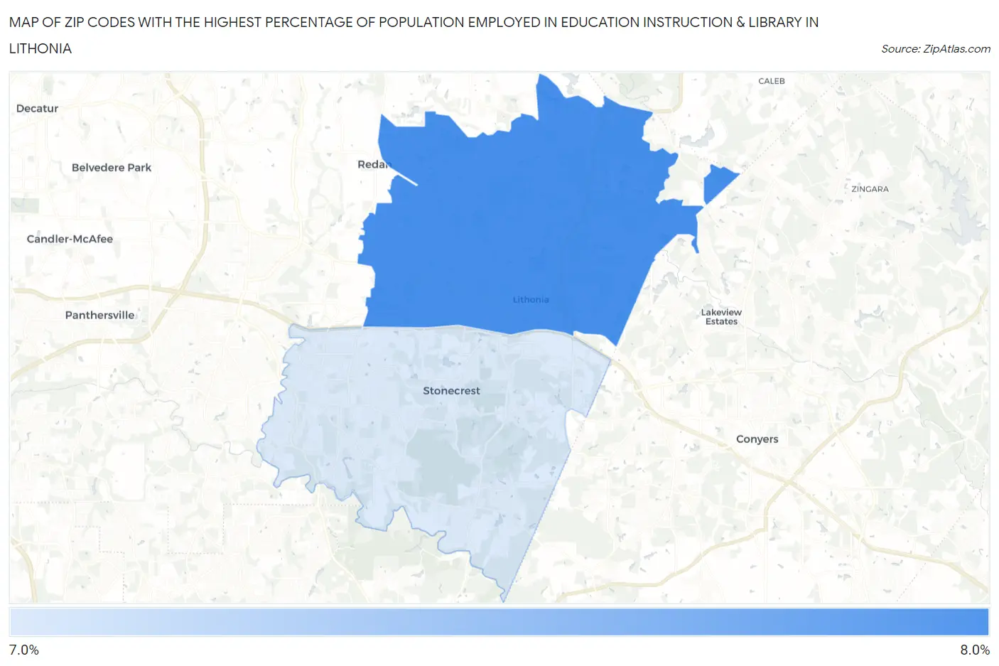 Zip Codes with the Highest Percentage of Population Employed in Education Instruction & Library in Lithonia Map