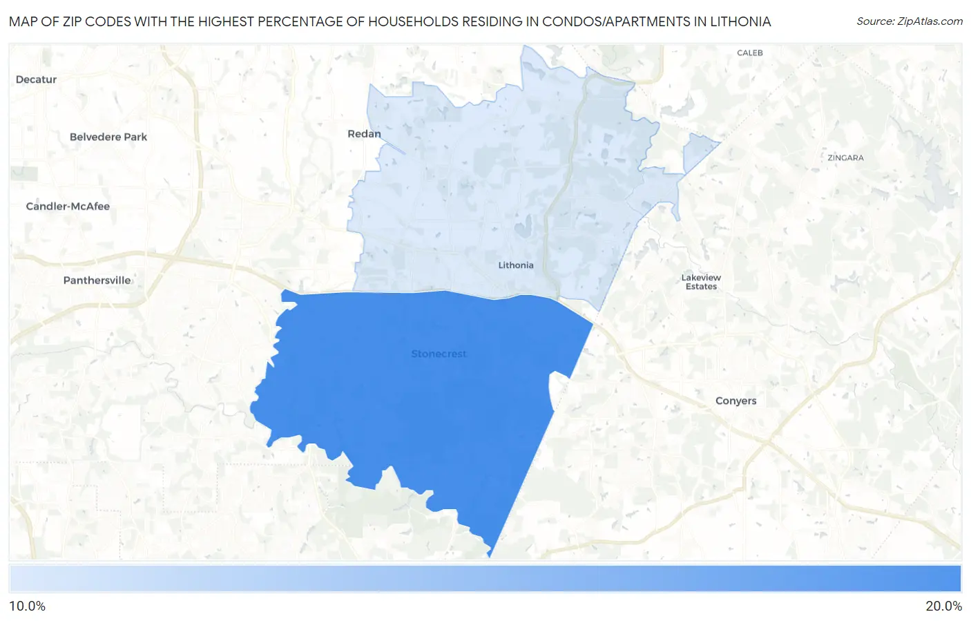 Zip Codes with the Highest Percentage of Households Residing in Condos/Apartments in Lithonia Map