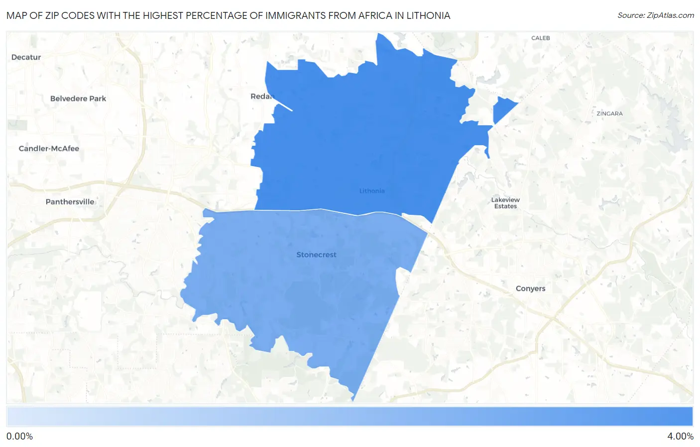 Zip Codes with the Highest Percentage of Immigrants from Africa in Lithonia Map
