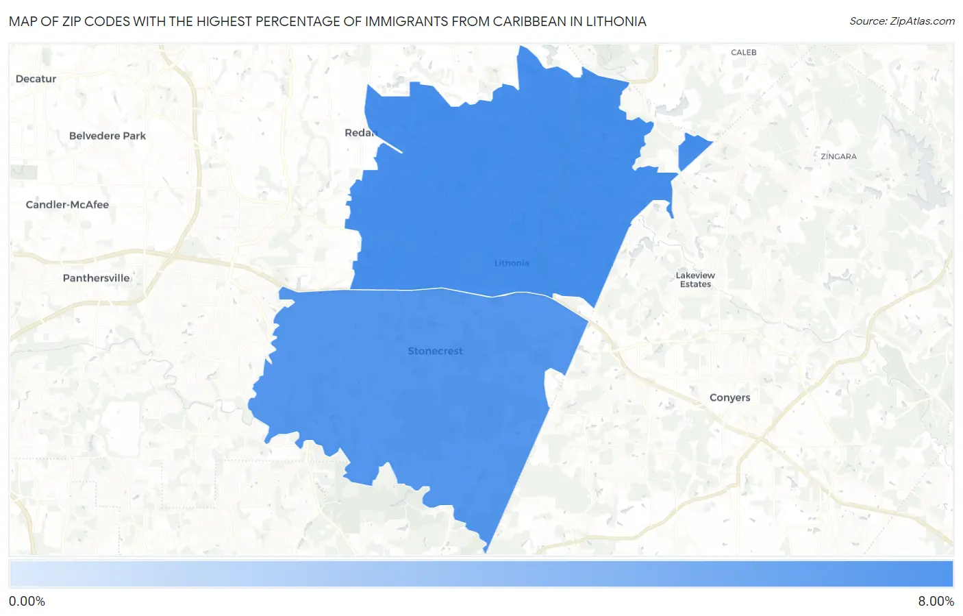 Zip Codes with the Highest Percentage of Immigrants from Caribbean in Lithonia Map