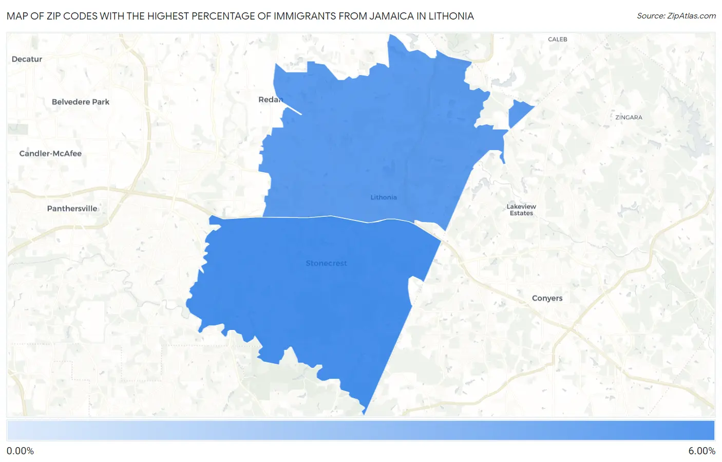 Zip Codes with the Highest Percentage of Immigrants from Jamaica in Lithonia Map