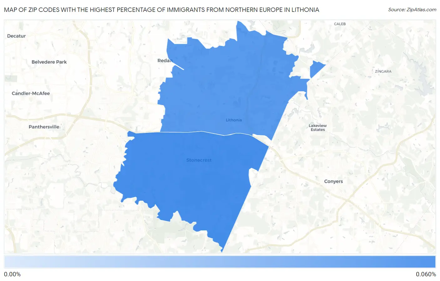 Zip Codes with the Highest Percentage of Immigrants from Northern Europe in Lithonia Map