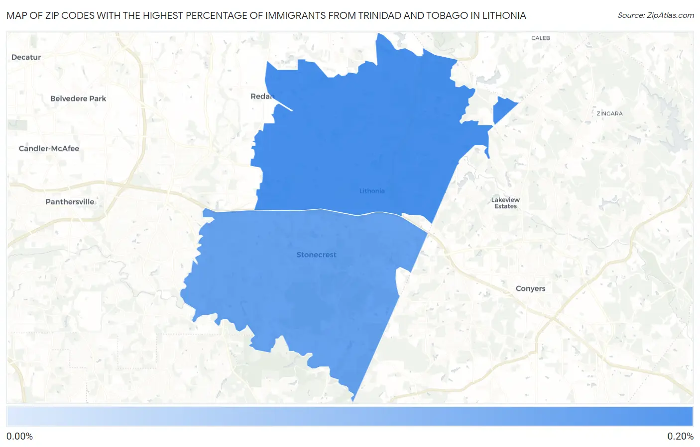 Zip Codes with the Highest Percentage of Immigrants from Trinidad and Tobago in Lithonia Map