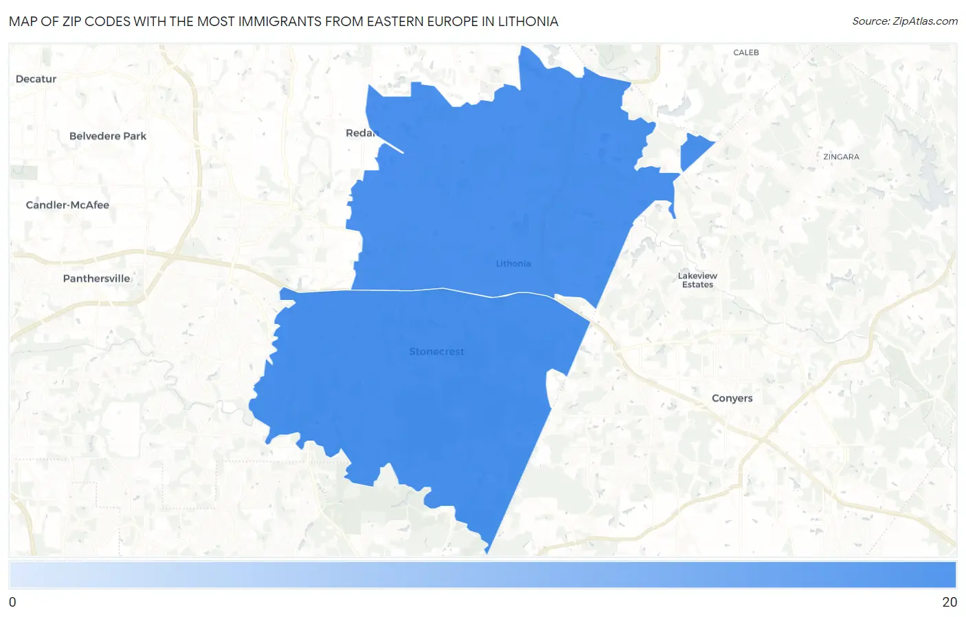Zip Codes with the Most Immigrants from Eastern Europe in Lithonia Map