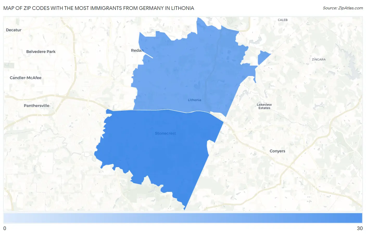 Zip Codes with the Most Immigrants from Germany in Lithonia Map