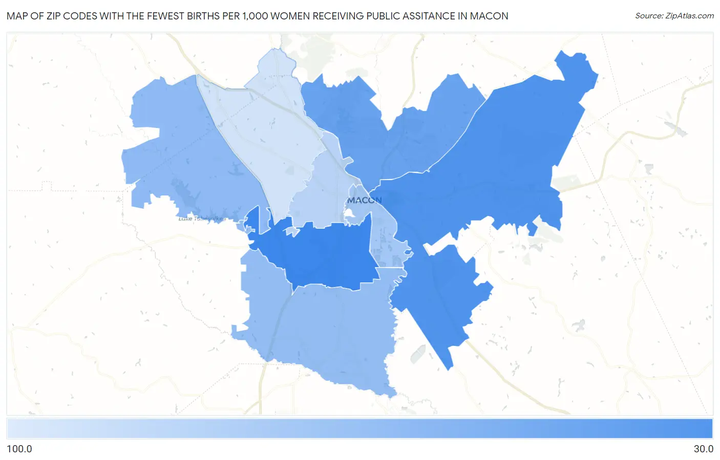 Zip Codes with the Fewest Births per 1,000 Women Receiving Public Assitance in Macon Map